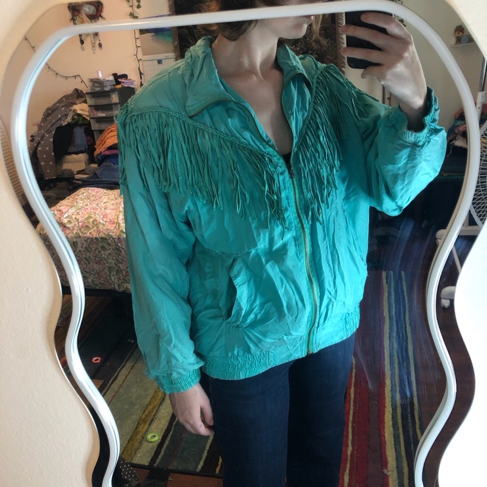 100% silk Teal fringe unique funky zip up jacket with a boho vibe
